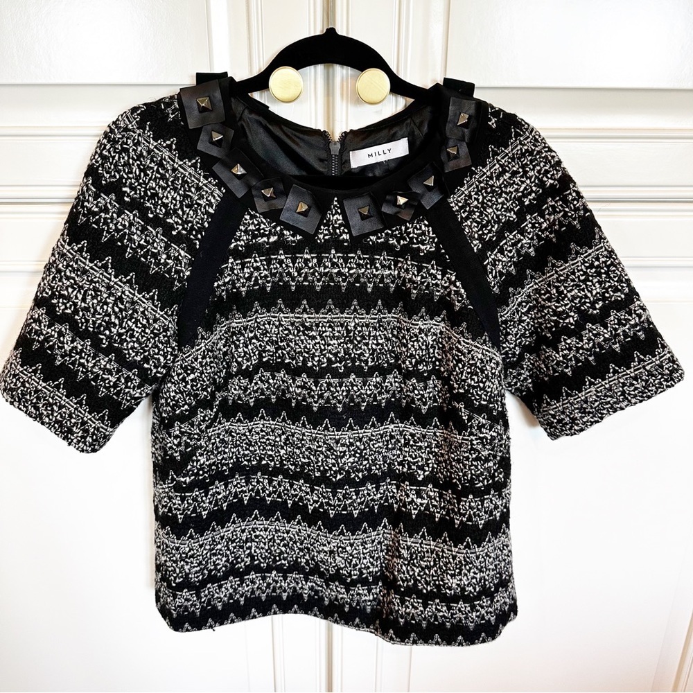 Milly Women’s Tweed Knit Boucle Studded Collar Short Sleeved Sweater Silk Lined